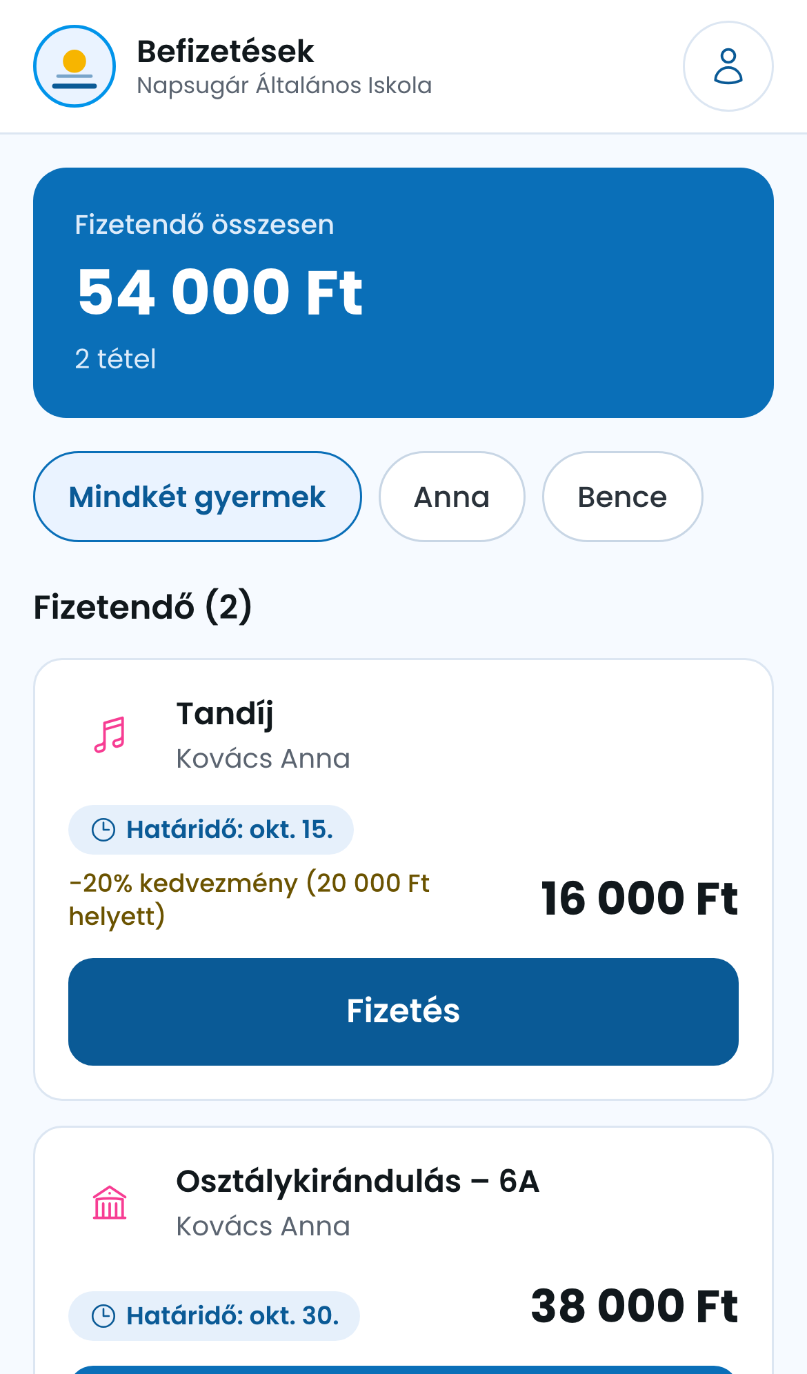 Szülői felület: a gyermekek fizetési tételei